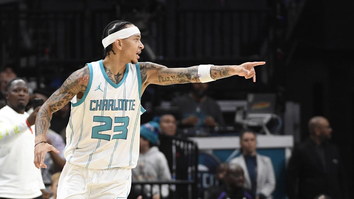 Charlotte Hornets guard Tre Mann (23) reacts after scoring during the second half against the Toronto Raptors at the Spectrum Center. 