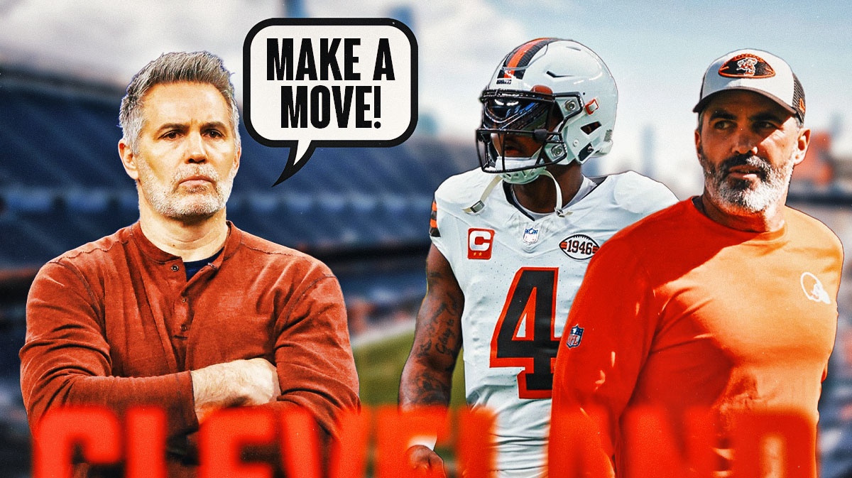 Kurt Warner with a speech bubble saying, "Make a move!" with Deshaun Watson and Kevin Stefanski on the other side