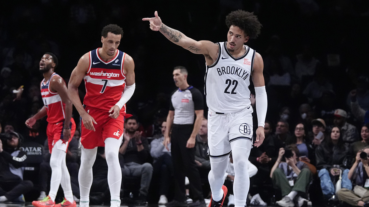 Brooklyn Nets forward Jalen Wilson (22) reacts to making a three-point shot against the Washington Wizards during the second half at Barclays Center.