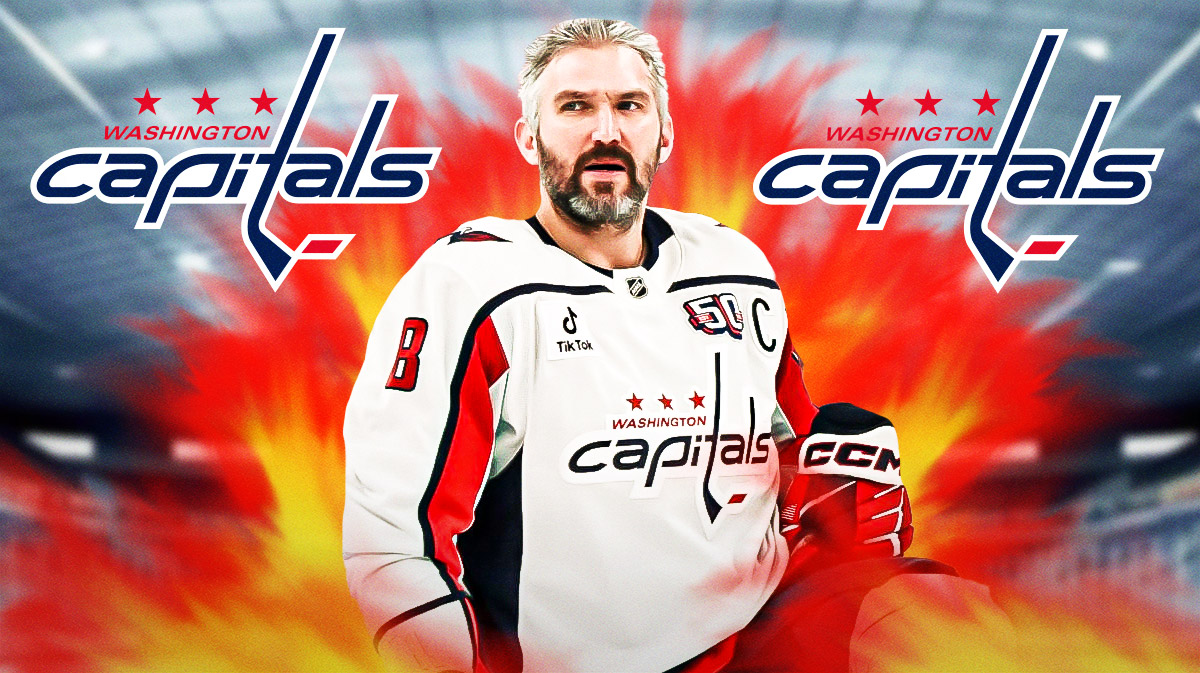 Alex Ovechkin looking happy with fire around him, Washington Capitals logo, hockey rink in background