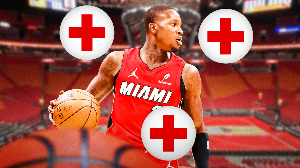 Miami Heat star Terry Rozier with injury signs around him in front of Kaseya Center.