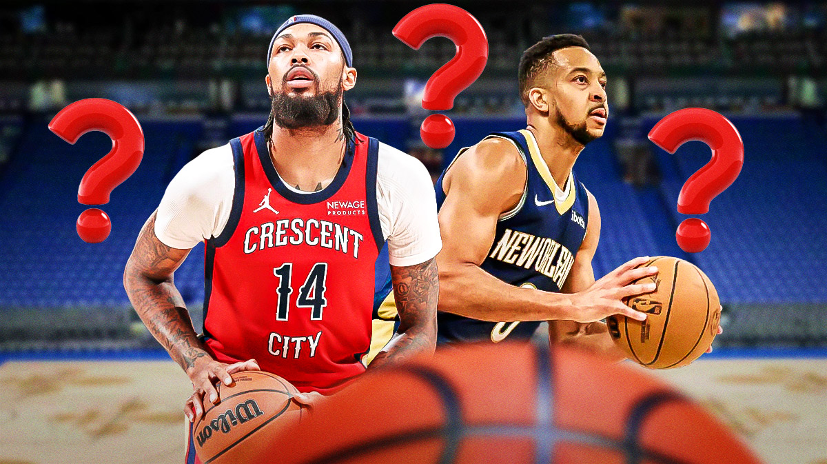 Pelicans Brandon Ingram and Pelicans CJ McCollum both shooting basketballs with question marks everywhere.