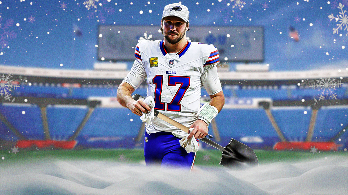 Buffalo Bills quarterback Josh Allen with a shovel in his hand, shoveling snow with a background of Highmark Stadium behind him