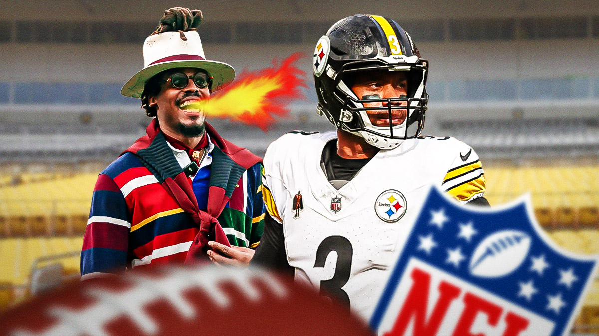 Image of Cam Newton (not in an NFL uniform) looking angry with fire coming out of his mouth next to an image of Steelers Russell Wilson looking disappointed. Steelers logo in background