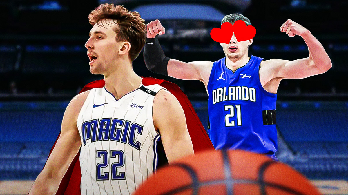 Orlando Magic forward Franz Wagner with a superman cape on him, while his brother, Mo Wagner looks at him with hearts on his eyes.