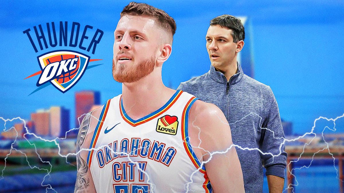 Thunder center Isaiah Hartenstein next to Thunder head coach Mark Daigneault and the Thunder logo with the Oklahoma City skyline in the background