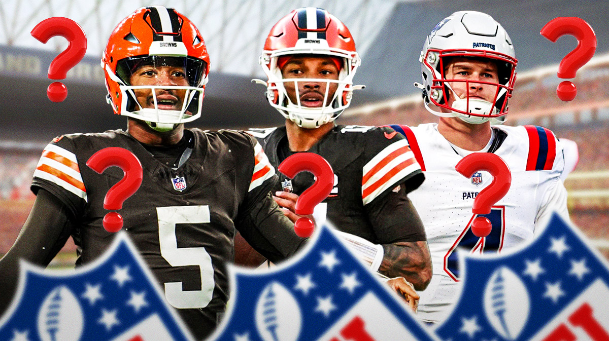 Browns' QB Jameis Winston next to QB Dorian Thompson-Robinson and Bailey Zappe with question marks