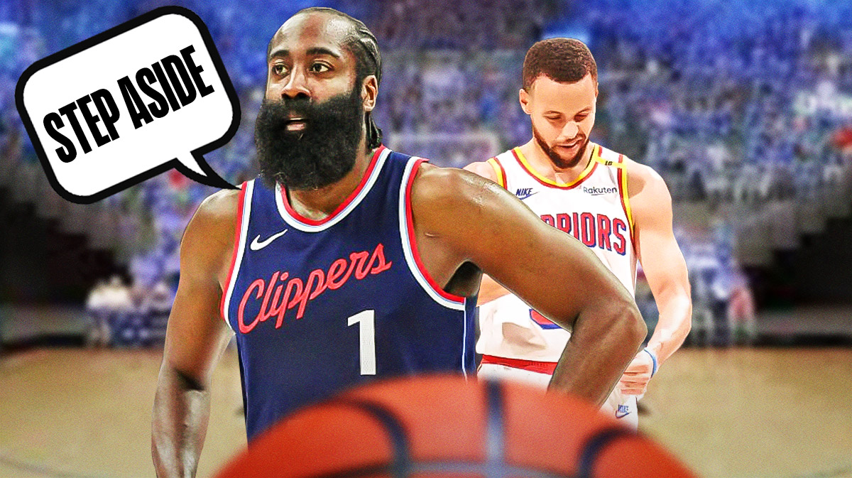 Clippers' James Harden smiling, speech bubble: "STEP ASIDE", with Warriors' Stephen Curry laughing beside him