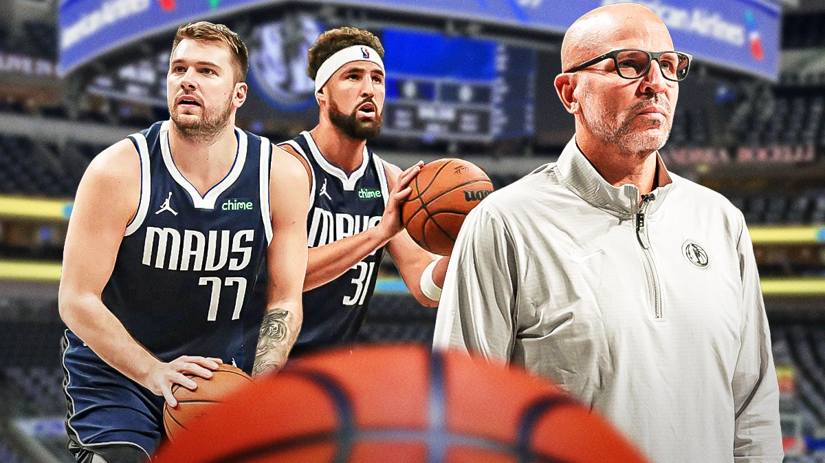 Mavericks Luka Doncic and Mavericks Klay Thompson both shooting basketballs on left. Mavericks Jason Kidd on right looking serious.