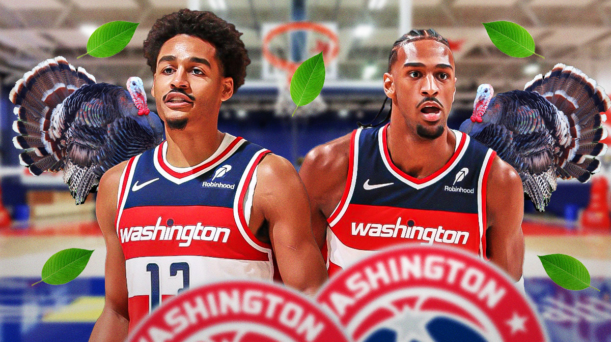 Jordan Poole and Alex Sarr smile with turkeys and leaves around them
