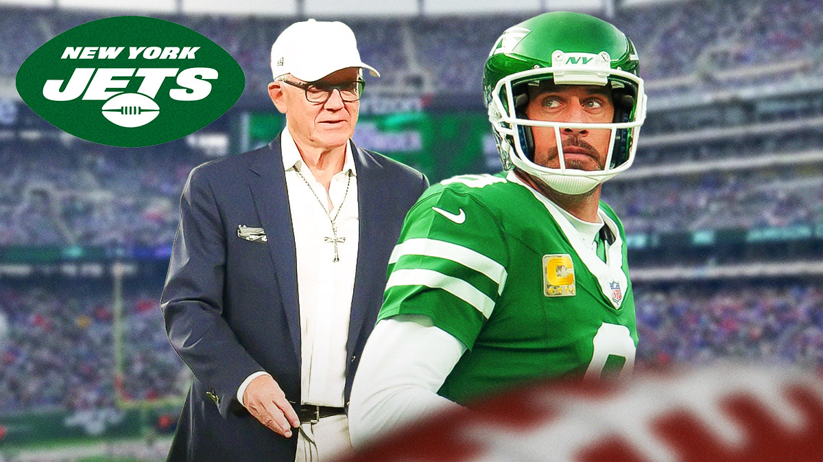 New York Jets QB Aaron Rodgers with Jets owner Woody Johnson. There is also a logo for the New York Jets.