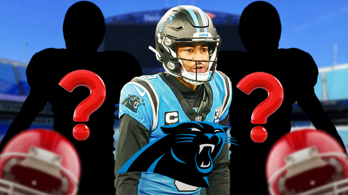 Carolina Panthers QB Bryce Young next to two silhouettes of American football players with big question mark emojis inside. There is also a logo for the Carolina Panthers.