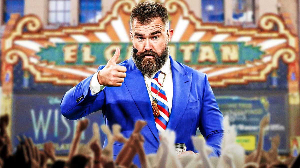 Jason Kelce with El Capitan Entertainment Centre, where Jimmy Kimmel Live is filmed, in background, where he was approached by autograph hounds.