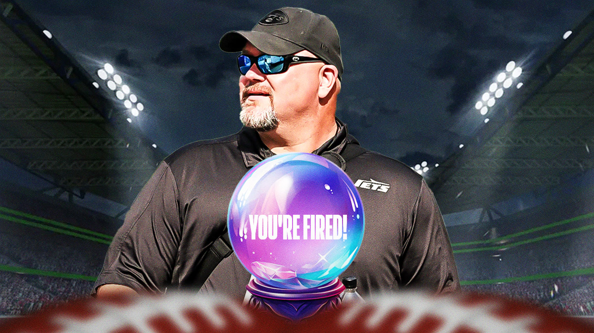 Former Jets' general manager Joe Douglas in front of a crystal ball and "You're Fired!" in the crystal ball