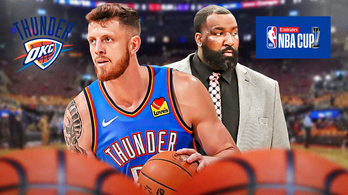 Thunder center Isaiah Hartenstein next to ESPN's Kendrick Perkins with the Thunder logo and the NBA Cup in the background