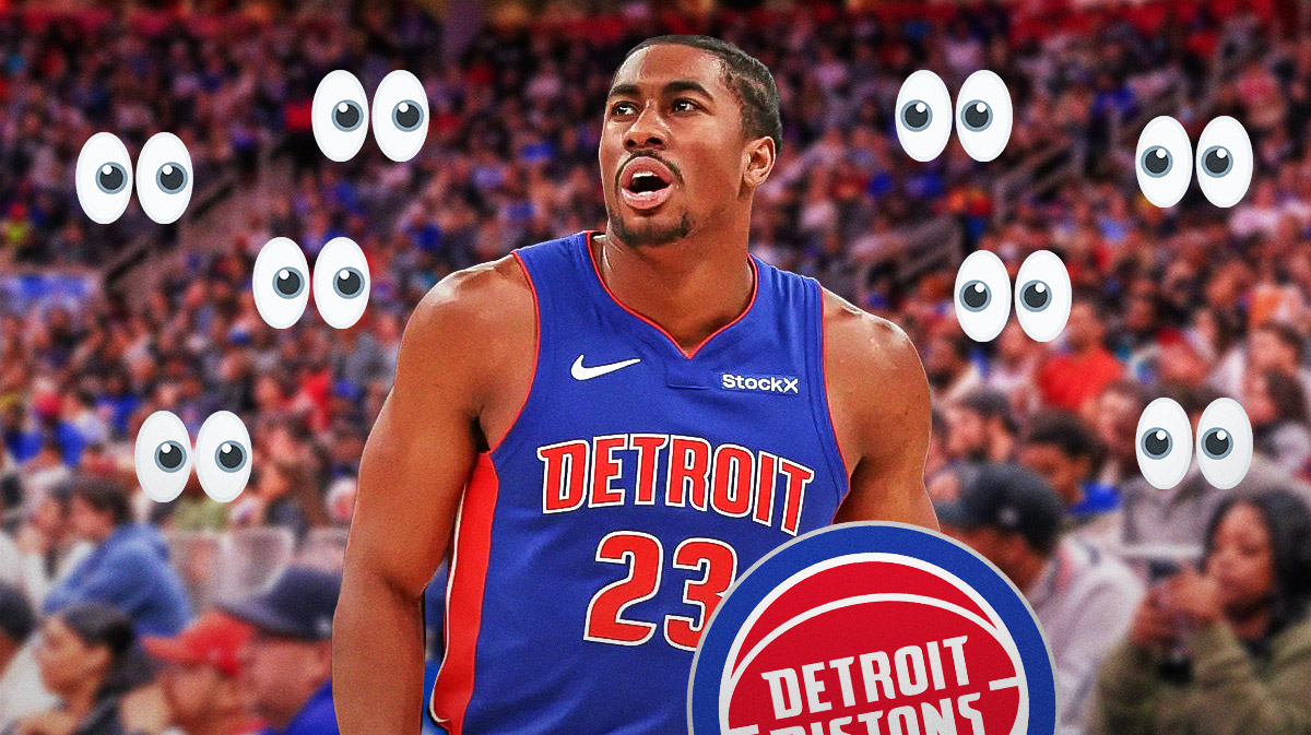 Jaden Ivey on one side, a bunch of Detroit Pistons fans on the other side with the big eyes emoji around them