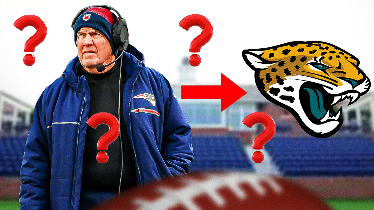 Bill Belichick on left. Jaguars logo on right. Arrow pointing from Belichick to Jaguars. Question marks surrounding all of it