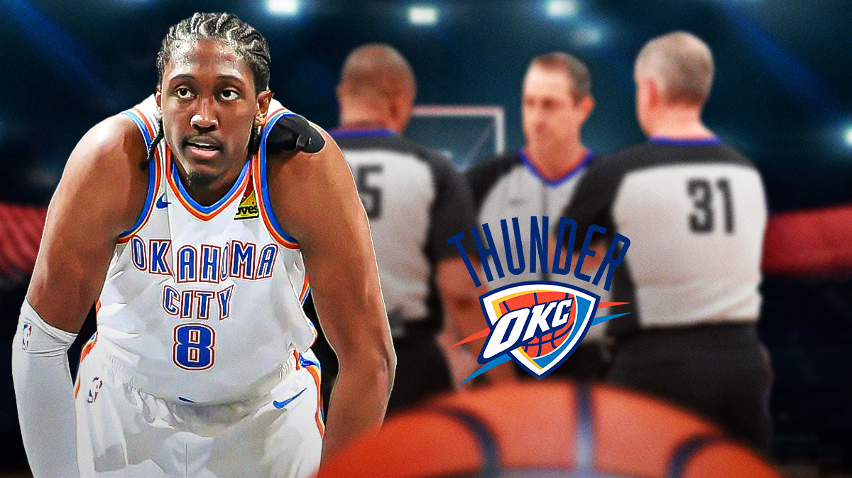 Thunder forward Jalen Williams next to an NBA official with the Thunder logo in the background and Thunder free throws
