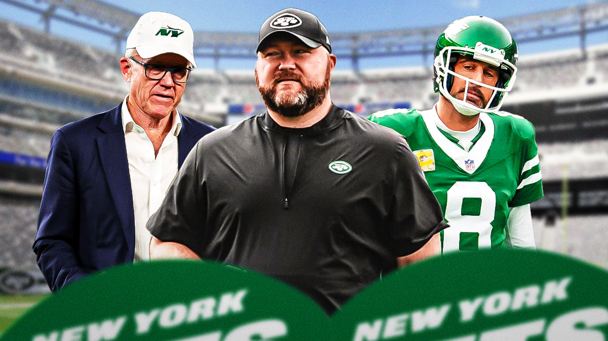 New York Jets owner Woody Johnson, former Jets general manager Joe Douglas, and Jets quarterback Aaron Rodgers