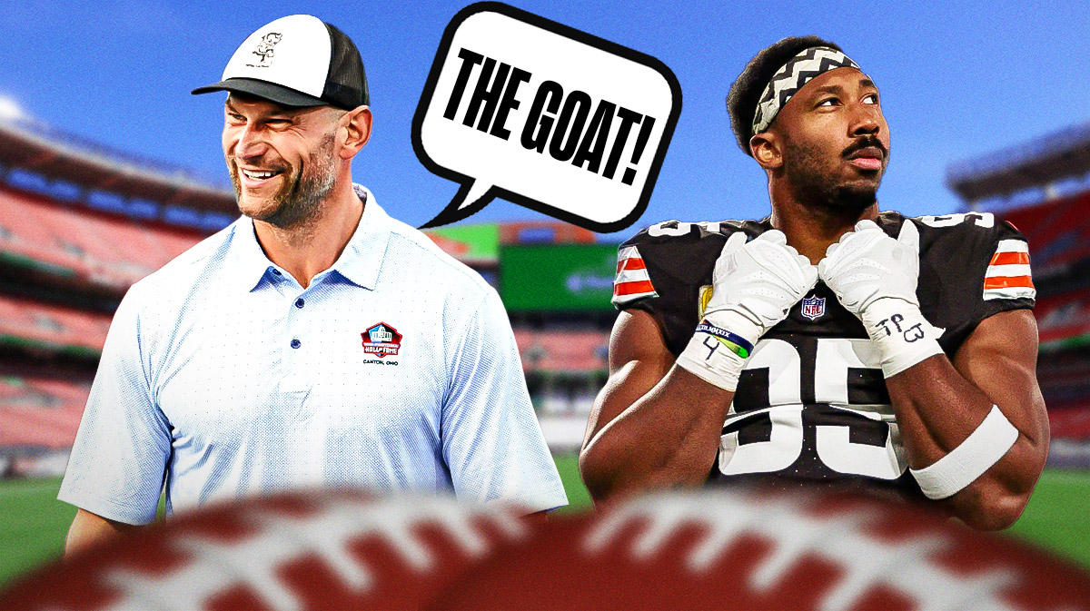 Joe Thomas with a speech bubble saying "The GOAT!" to Myles Garrett