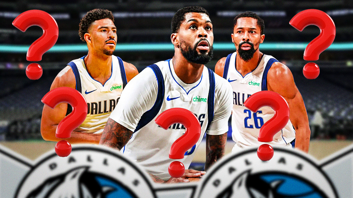 Mavericks Naji Marshall in front, Mavericks Quentin Grimes in background on left, Mavericks Spencer Dinwiddie in background on right. Place question marks everywhere.
