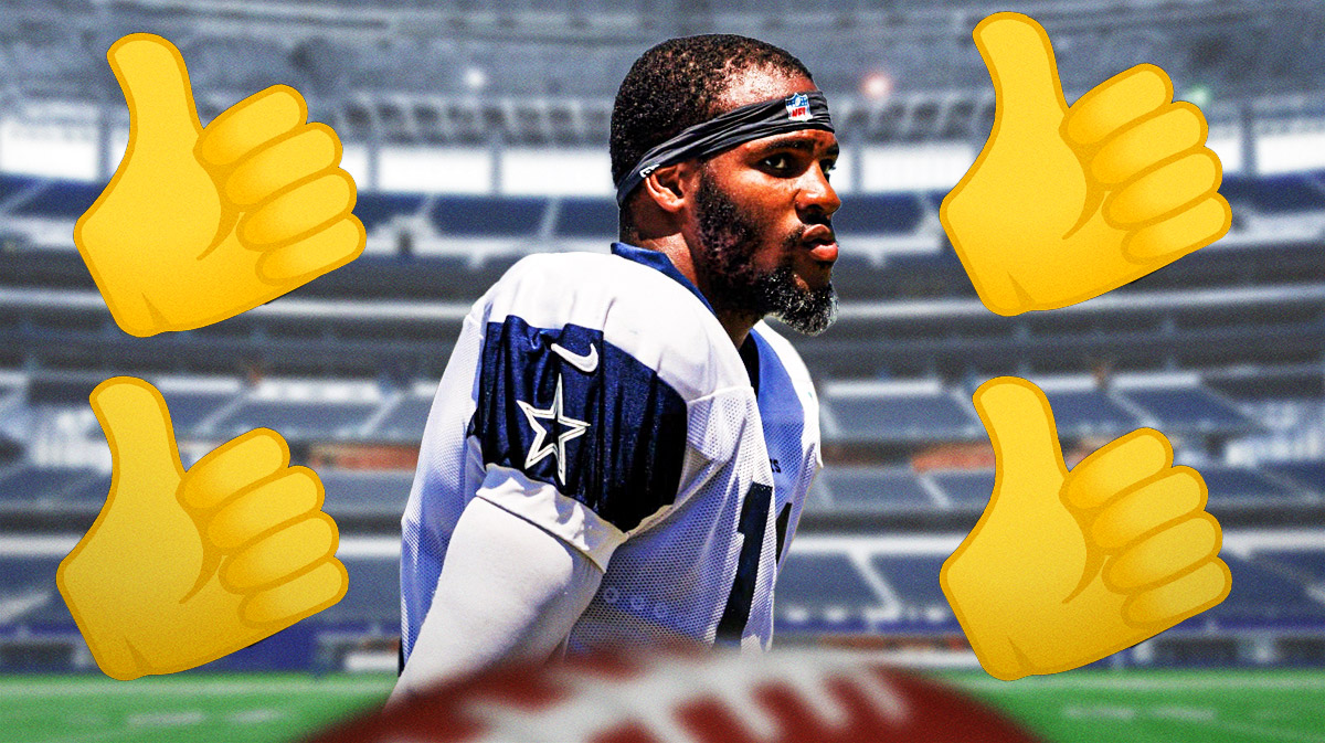 Micah Parsons in Cowboys practice uniform with thumbs up emoji.