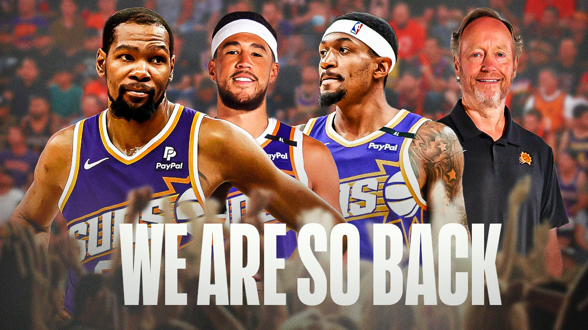Suns' Kevin Durant, Devin Booker, Bradley Beal, and Mike Budenholzer all smiling, with caption: WE ARE SO BACK