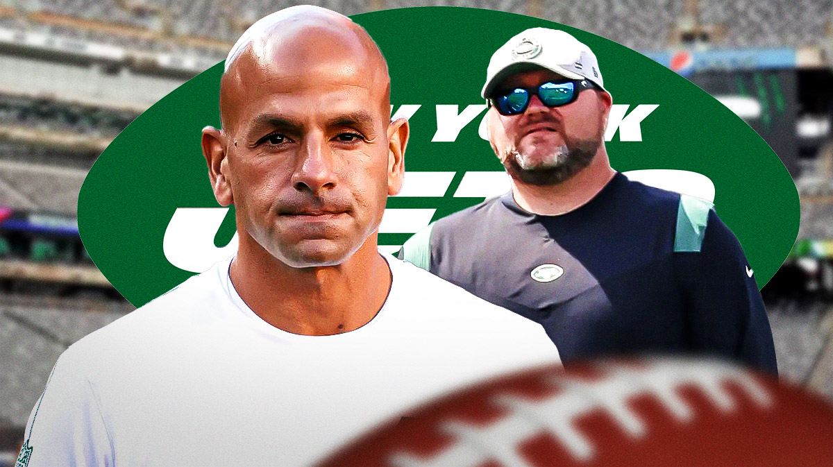 Image of former Jets head coach Robert Saleh looking sad next to image of former Jets GM Joe Douglas. Jets logo in background