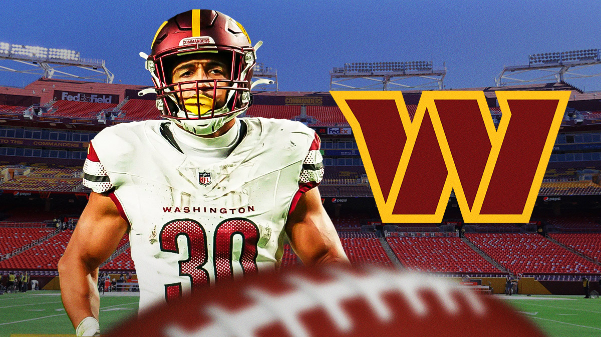 Commanders Austin Ekeler looking serious on left. Washington Commanders 2024 logo on right