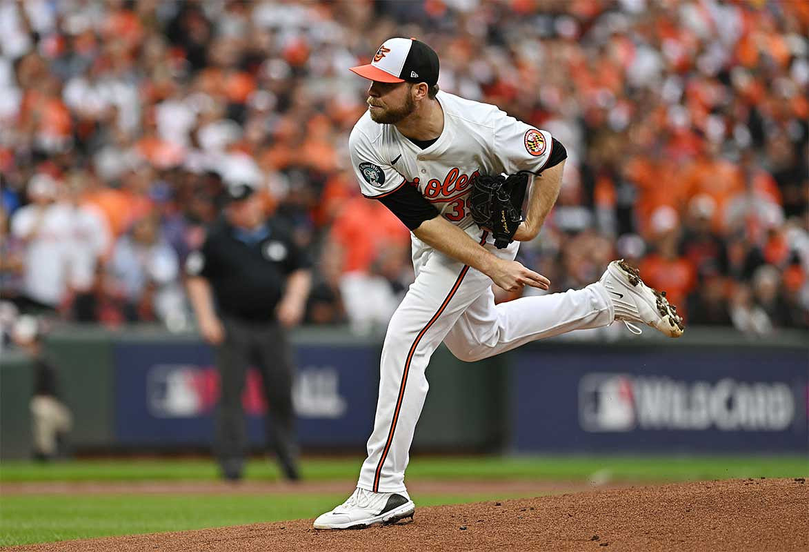 Baltimore Orioles pitcher Corbin Burnes (39) throws a pitch against the Kansas City Royals in the first inning in game one of the Wild Card round for the 2024 MLB Playoffs at Oriole Park at Camden Yards.