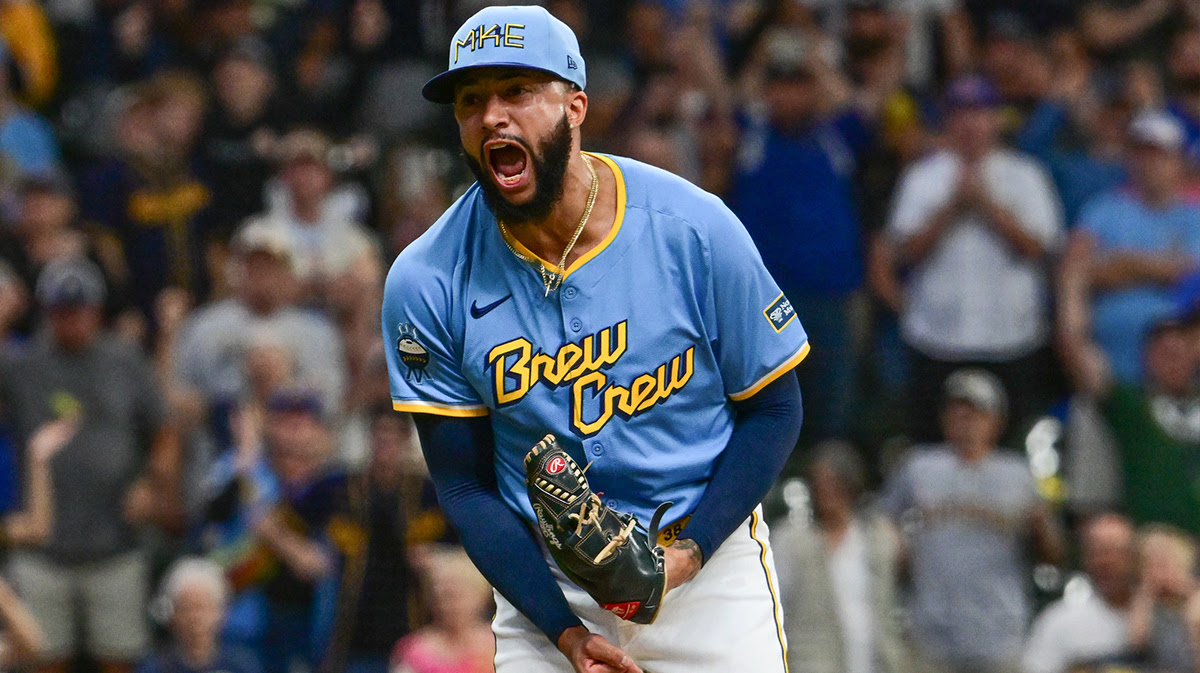 Milwaukee Brewers pitcher Devin Williams (38) reacts after picking up a save in the ninth inning against the Arizona Diamondbacks at American Family Field.