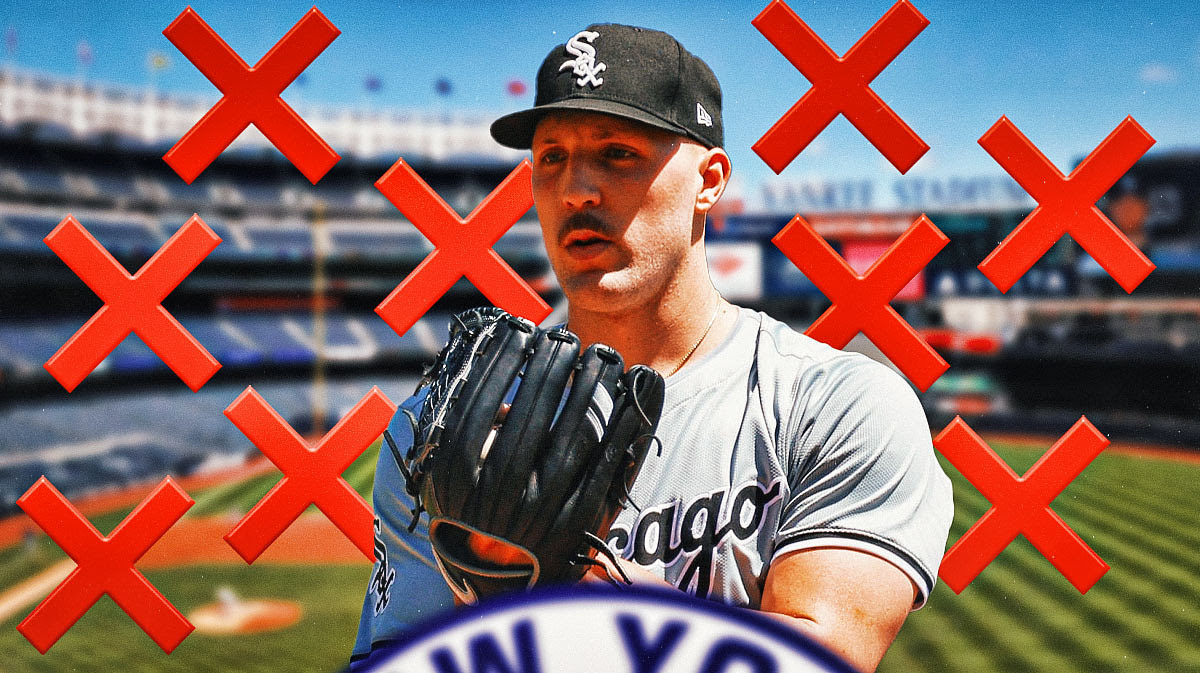 Garrett Crochet with a Yankees background and "Red X" emojis