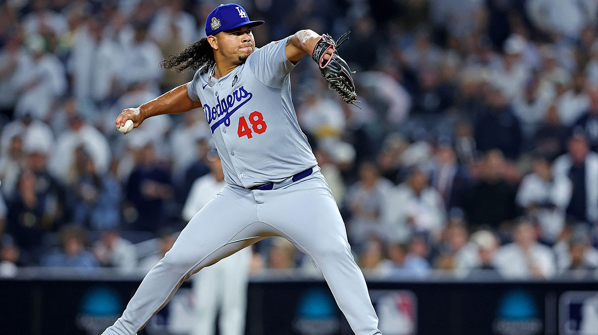 Los Angeles Dodgers pitcher Brusdar Graterol (48) pitches during the sixth inning against the New York Yankees in game four of the 2024 MLB World Series at Yankee Stadium.