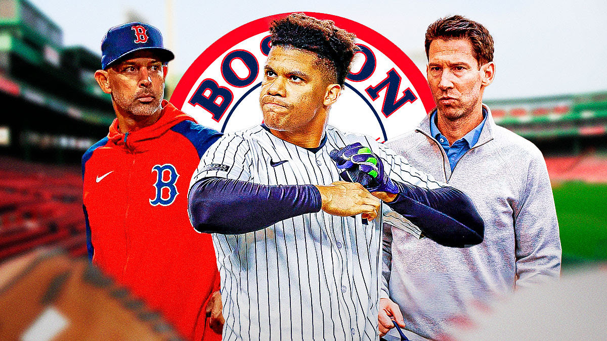 Juan Soto, Craig Breslow and Alex Cora with a Red Sox background