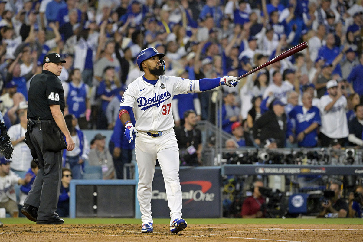 Los Angeles Dodgers outfielder Teoscar Hernandez (37) hits a two run home run in the third inning against the New York Yankees during game two of the 2024 MLB World Series at Dodger Stadium. 