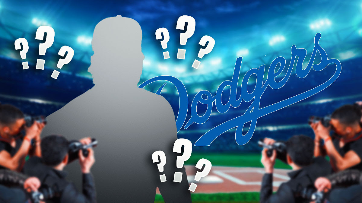 A silhouette of Emmanuel Clase with question marks and a Dodgers logo