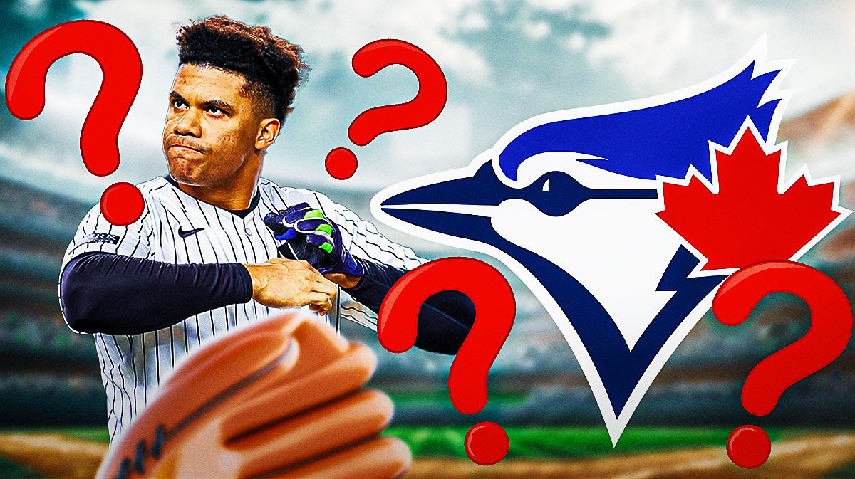 Juan Soto with a Blue Jays logo and question marks