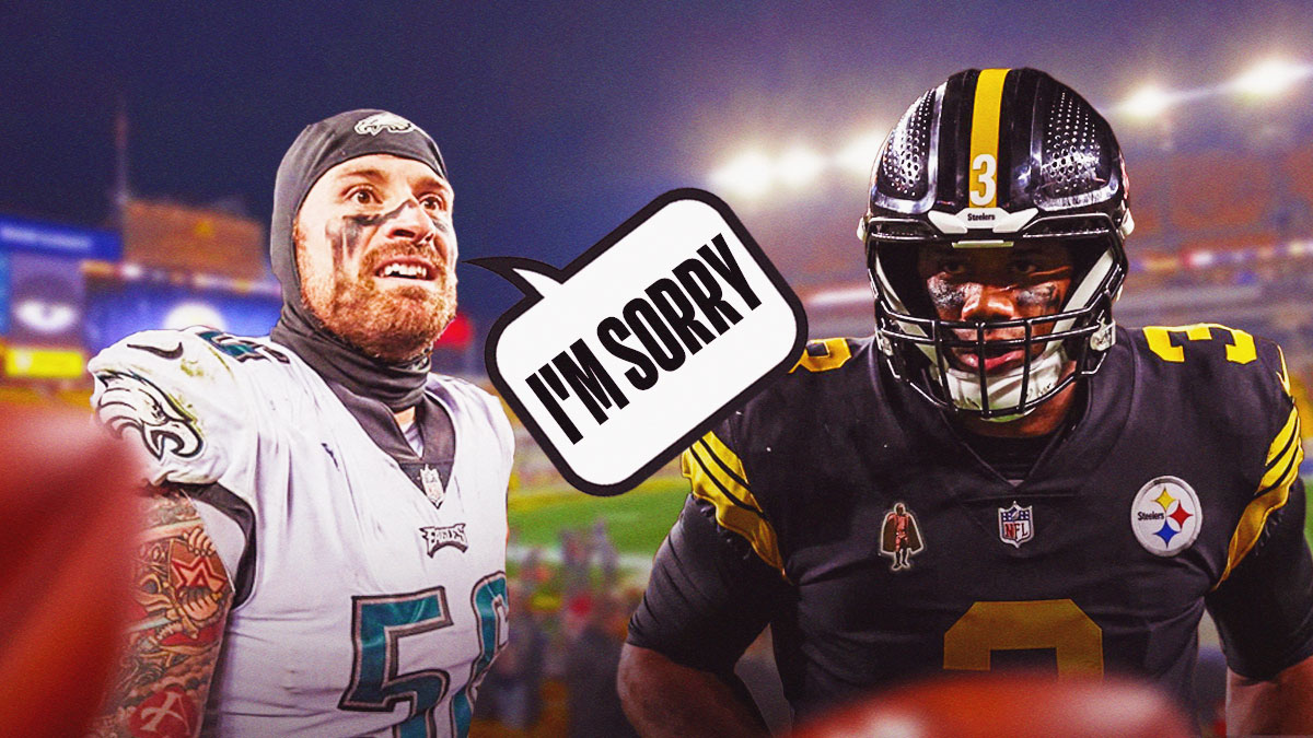 Russell Wilson in a Pittsburgh Steelers uniform with Chris Long in the background with a thought bubble that says: I'm Sorry.