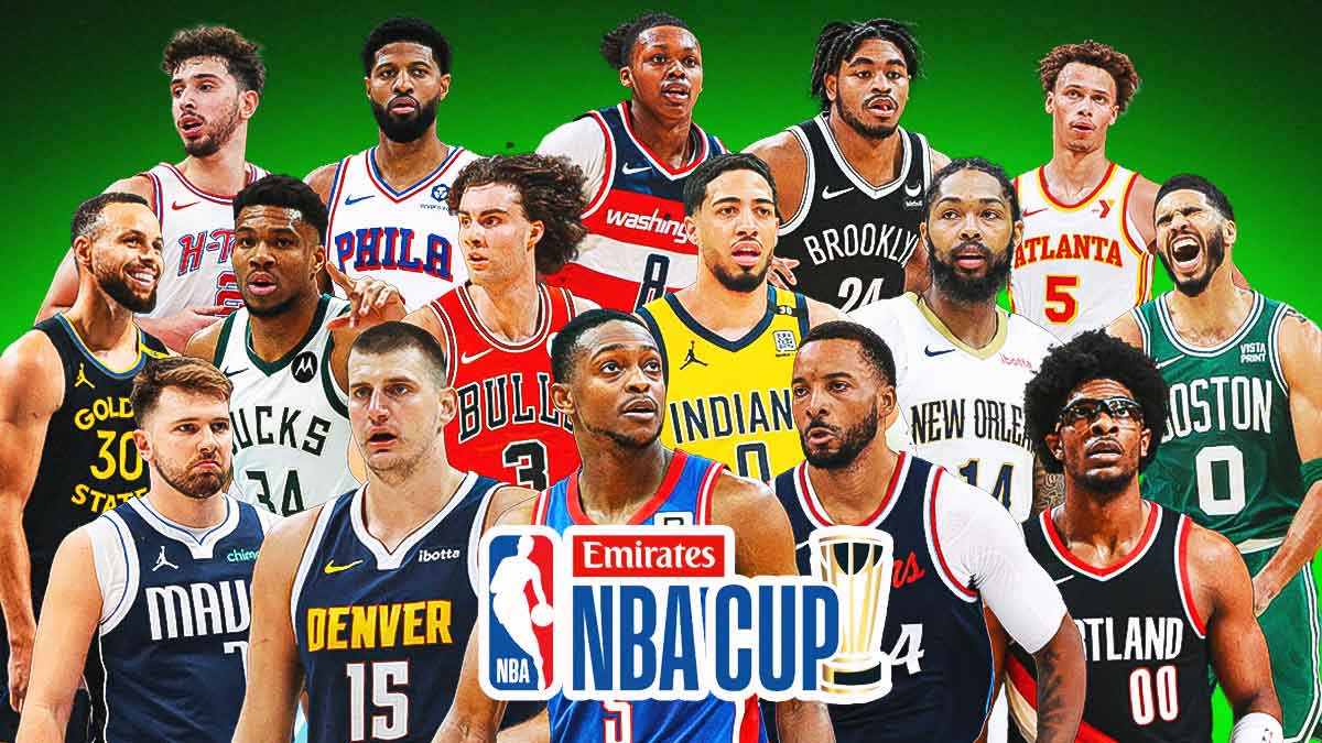 De'Aaron Fox, Norman Powell, Nikola Jokic, Luka Doncic, Scoot Henderson, Alperen Sengun, Dyson Daniels, Josh Giddey, Tyrese Haliburton, Giannis Antetokounmpo, Brandon Ingram, Stephen Curry, Jayson Tatum, Bub Carrington, Paul George, Cam Thomas all together with NBA Cup logo in front.