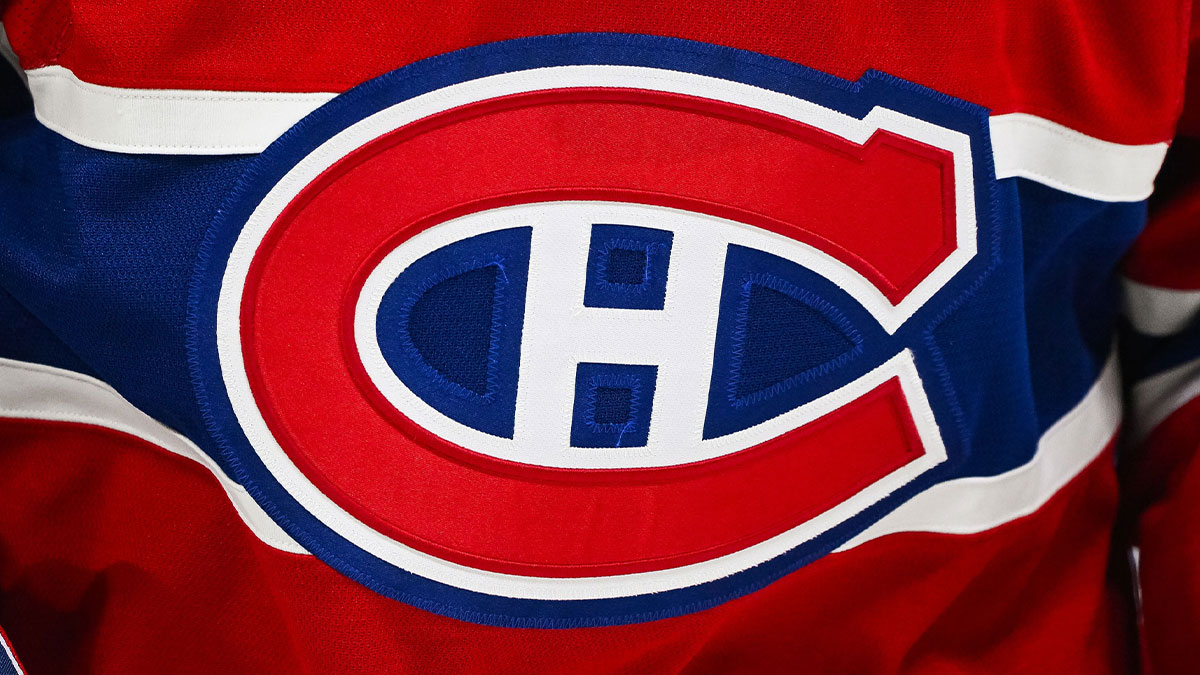 View of a Montreal Canadiens logo on a jersey worn by a member of the team during the third period at Bell Centre.