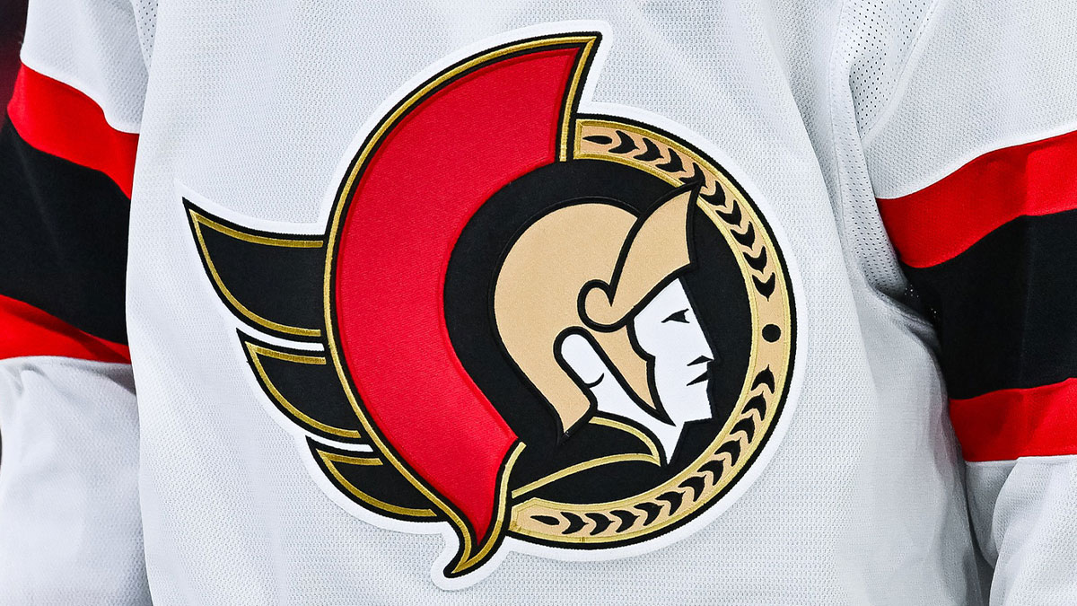 View of a Ottawa Senators logo on a jersey worn by a member of the team against the Montreal Canadiens during the third period at Bell Centre.