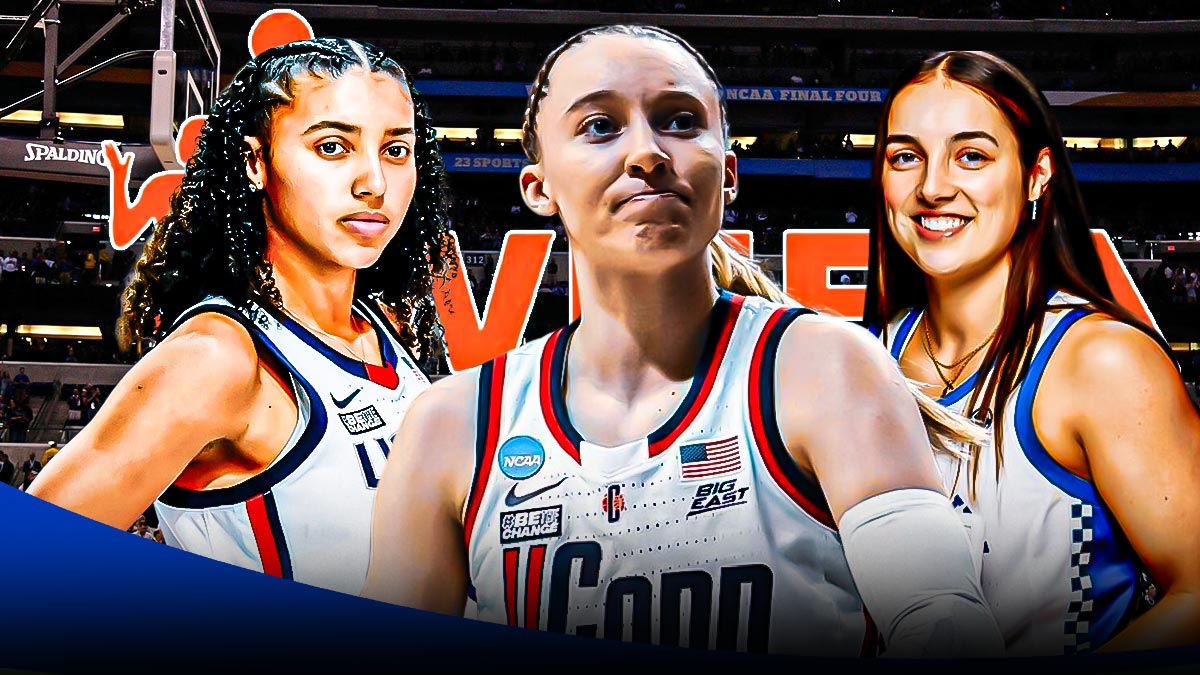 UConn women's basketball player Paige Bueckers, University of Kentucky basketball player Georgia Amoore and UConn women's basketball player Azzi Fudd, with the WNBA logo behind the three players, and basketballs