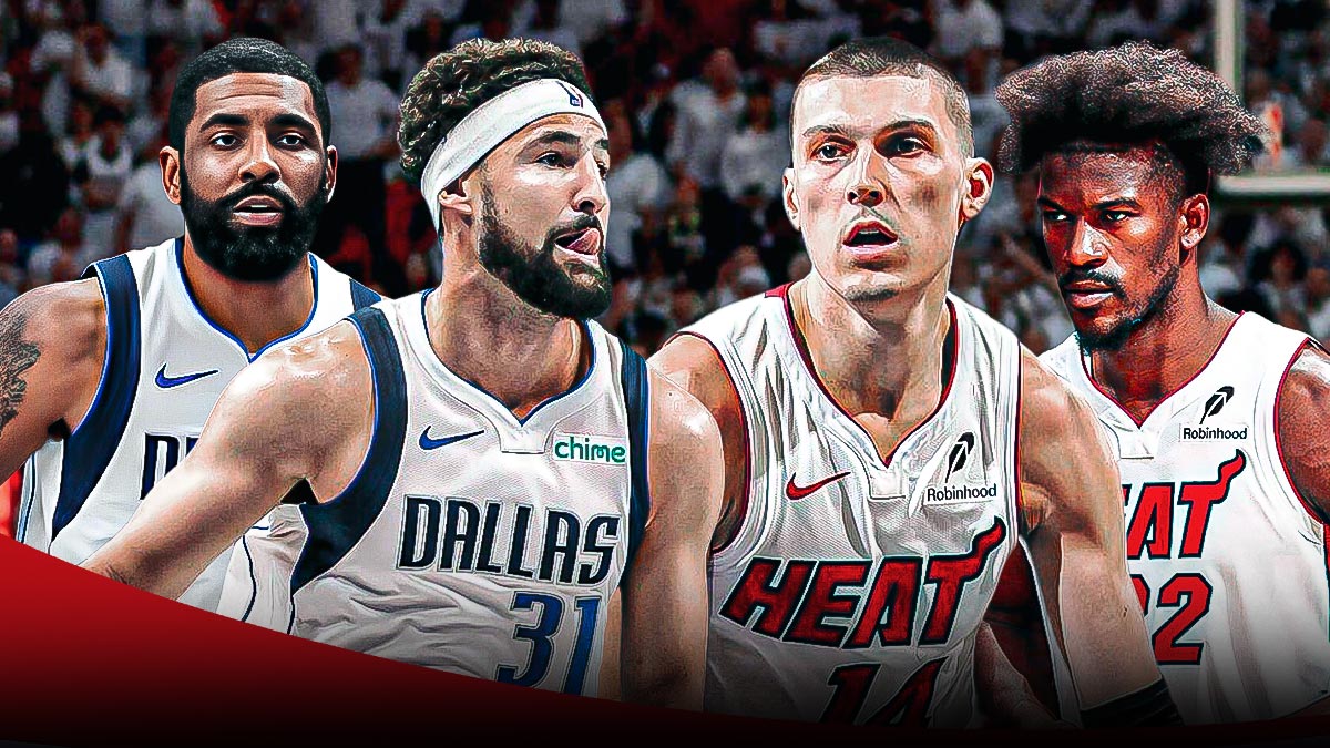 Miami Heat stars Jimmy Butler and Tyler Herro looking at Kyrie Irving and Klay Thompson.