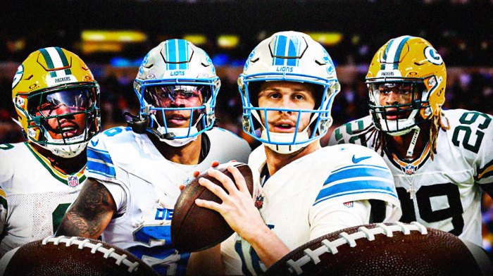 Josh Jacobs Packers, Jahmyr Gibbs Lions, Jared Goff Lions, Xavier McKinney Packers