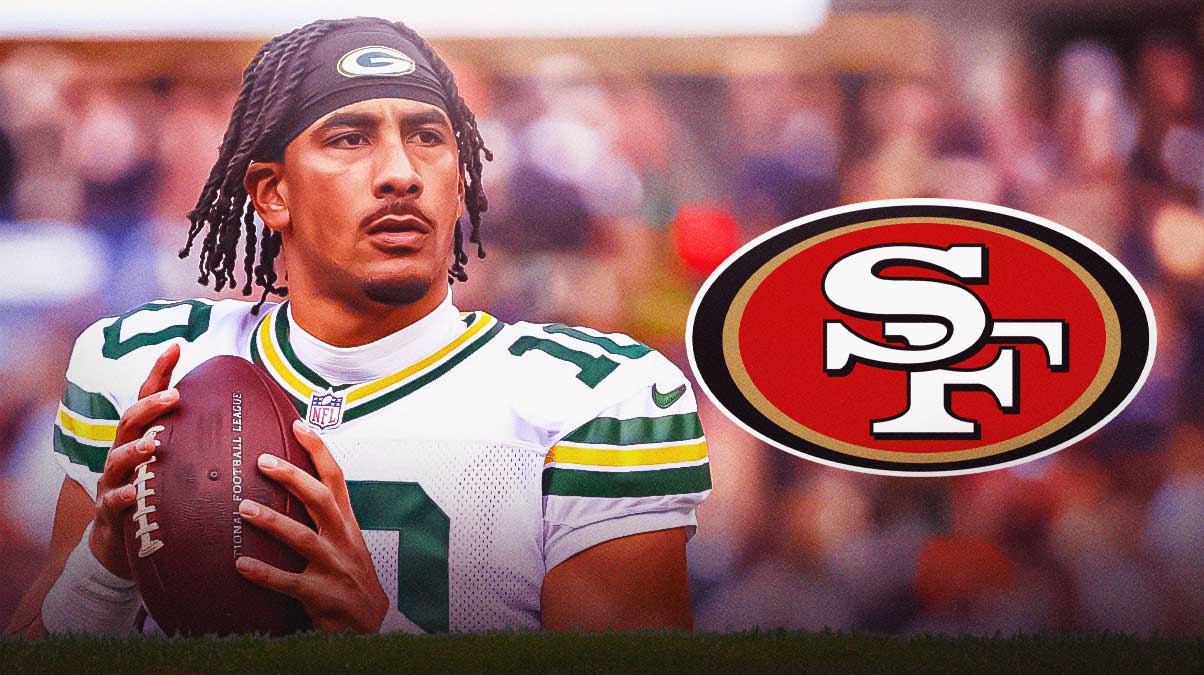 Jordan Love with a 49ers logo next to him.