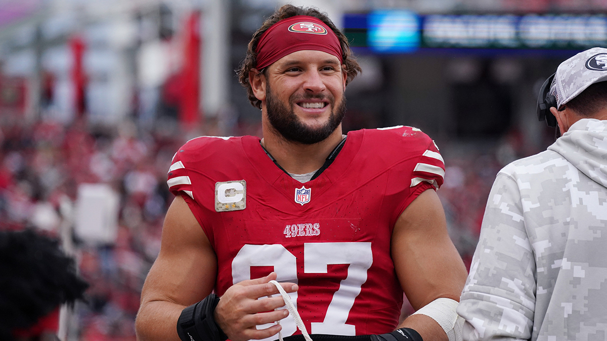 San Francisco 49ers defensive end Nick Bosa (97) waits on the sidelines against the Seattle Seahawks in the third quarter at Levi's Stadium