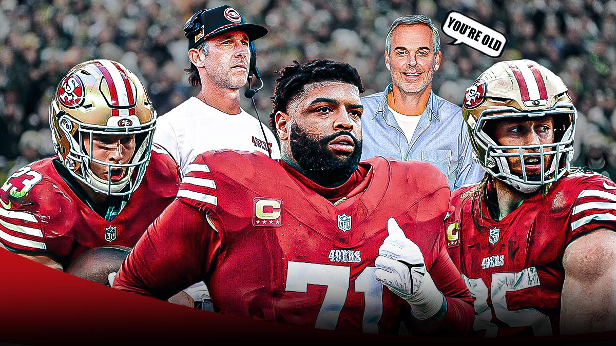 Colin Cowherd with speech bubble saying, "You're OLD" to San Francisco 49ers head coach Kyle Shanahan, RB Christian McCaffrey, OT Trent Williams, and TE George Kittle