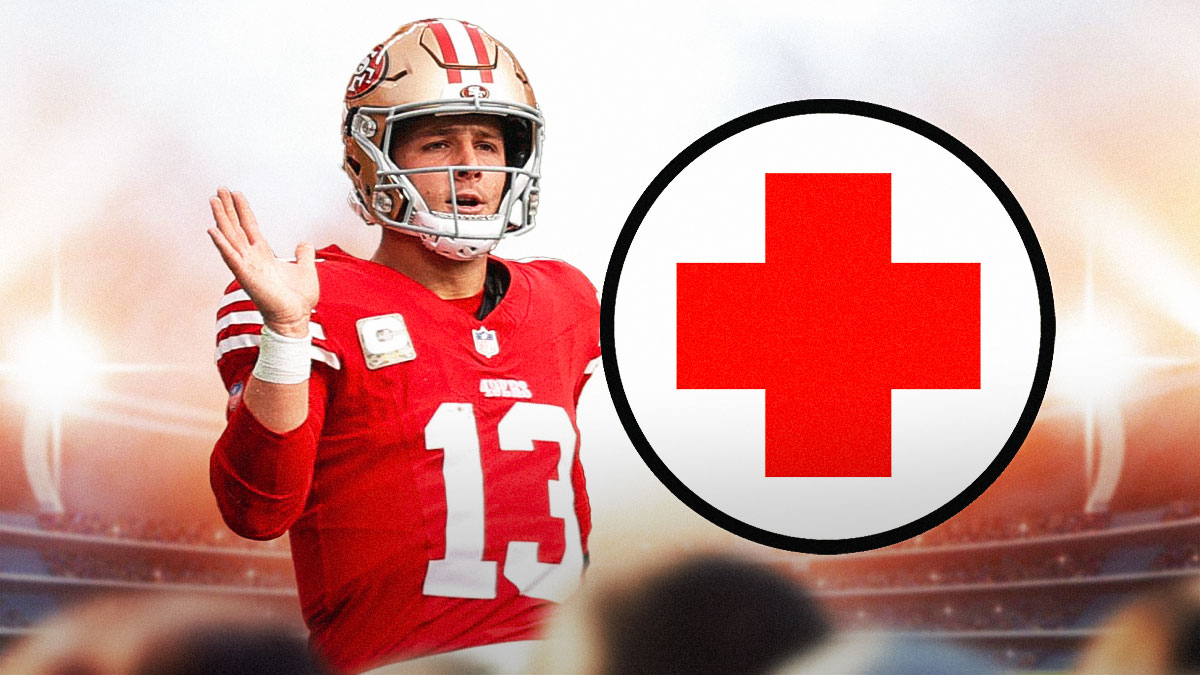 49ers' Brock Purdy with medical Red Cross symbol