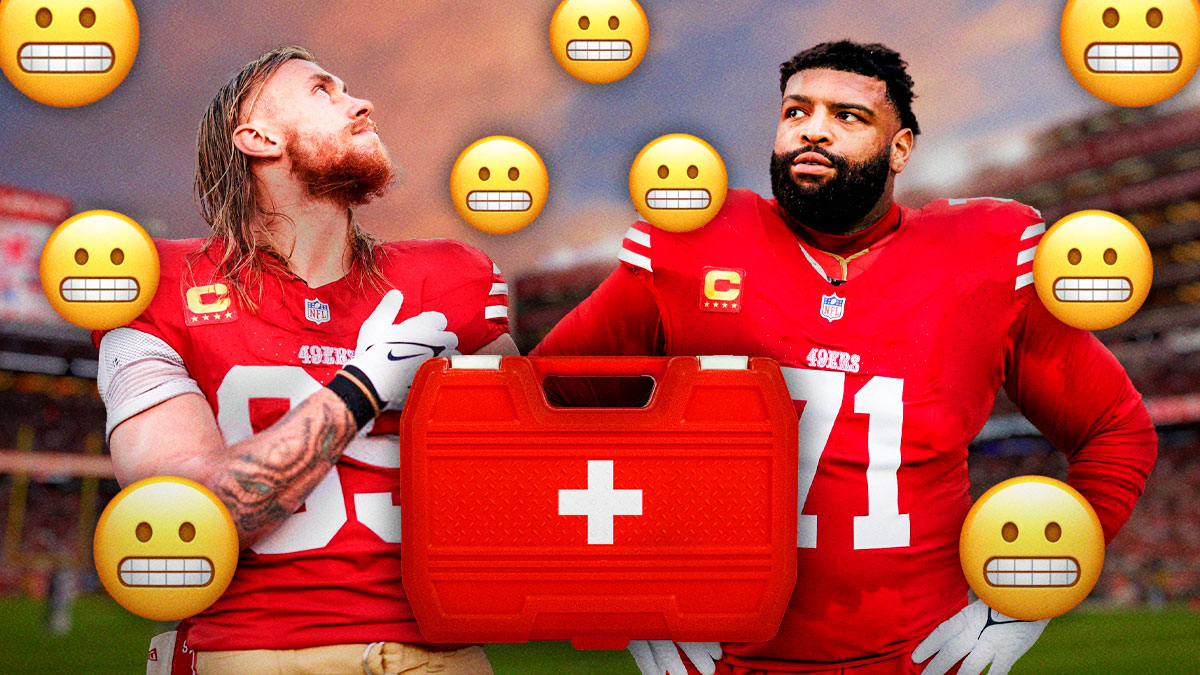 George Kittle and Trent Williams with an injury kit in front of them and a bunch of the teeth clenched emojis in the background
