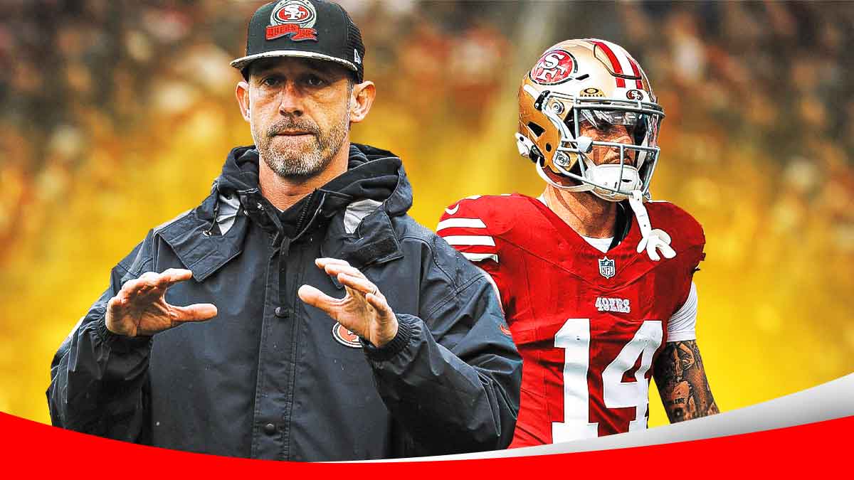 San Francisco 49ers coach Kyle Shanahan and Ricky Pearsall in a San Francisco 49ers uniform. Pearsall and the 49ers offense has been quiet after injuries to brock purdy and other 49ers.